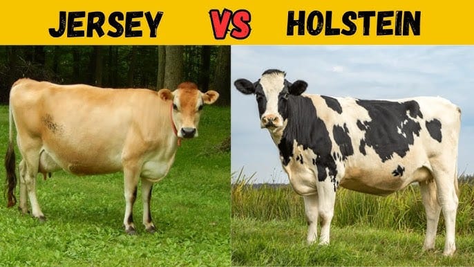 Side-by-side comparison of a tan Jersey cow and a black-and-white Holstein cow