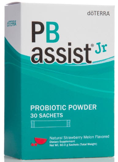 doTERRA PB Assist Jr probiotic powder box, 30 strawberry-melon flavored sachets