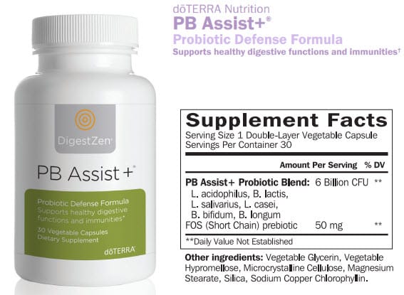 doTERRA PB Assist+ probiotic defense formula bottle beside its Supplement Facts panel