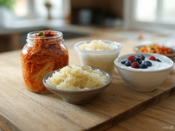 Assortment of fermented foods: a jar of kimchi, bowls of sauerkraut, and yogurt topped with berries