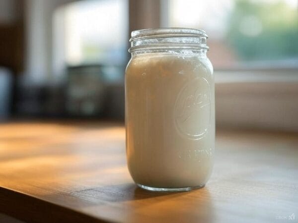 Ball mason jar of cultured milk fermenting on a sunlit wooden table