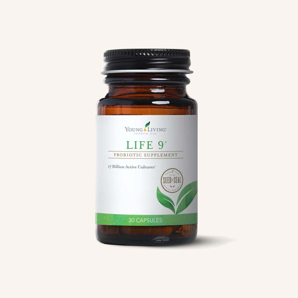 Young Living Life 9 probiotic supplement in an amber glass bottle, 17 billion active cultures, 30 capsules