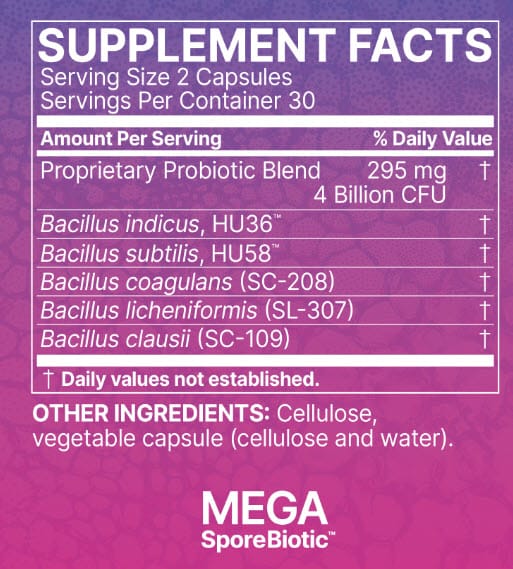 MegaSporeBiotic Supplement Facts panel listing its five Bacillus probiotic strains