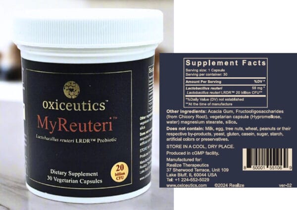 Oxiceutics MyReuteri Lactobacillus reuteri LRDR probiotic bottle beside its Supplement Facts panel