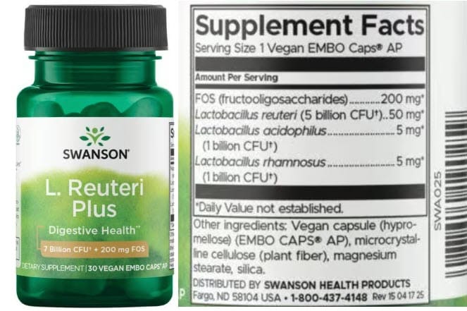 Swanson L. Reuteri Plus probiotic bottle beside its Supplement Facts panel listing Lactobacillus reuteri, acidophilus, and rhamnosus