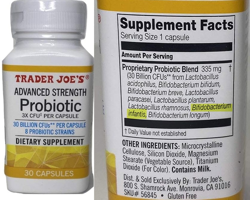 Trader Joe&rsquo;s Advanced Strength Probiotic bottle beside its Supplement Facts, with Bifidobacterium infantis highlighted