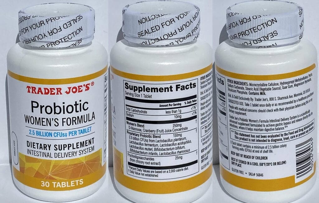 Trader Joe&rsquo;s Probiotic Women&rsquo;s Formula supplement bottle shown from three sides with its Supplement Facts