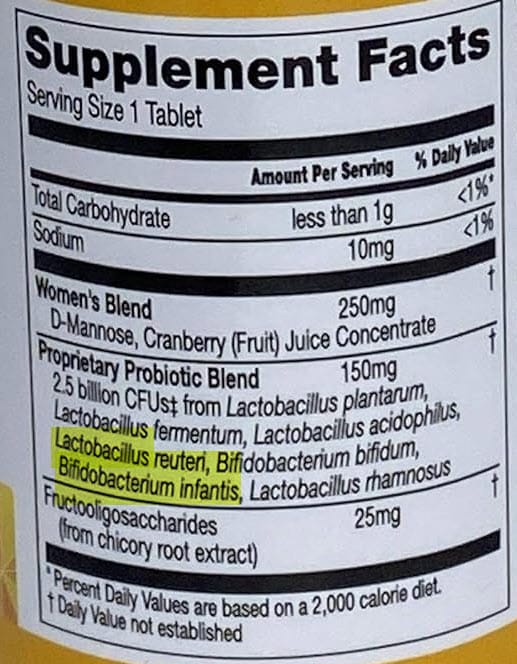 Supplement Facts panel of Trader Joe&rsquo;s Probiotic Women&rsquo;s Formula, with Lactobacillus reuteri and Bifidobacterium infantis highlighted