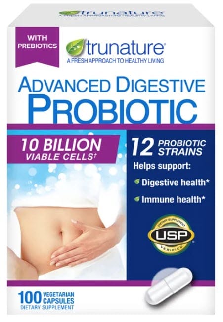 TruNature Advanced Digestive Probiotic box, 10 billion viable cells across 12 strains, 100 vegetarian capsules