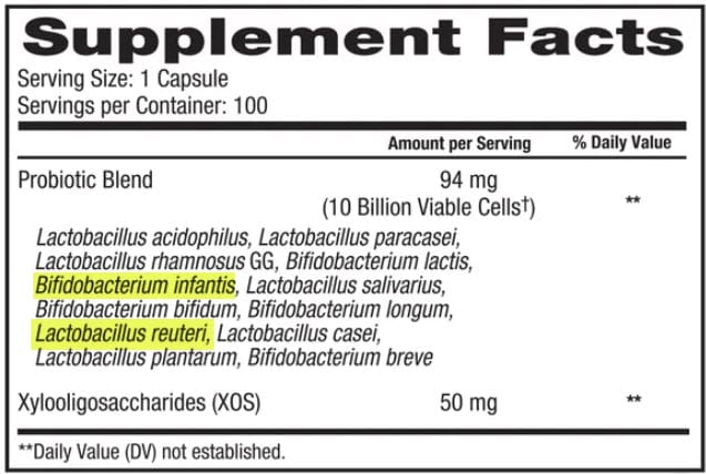 TruNature Advanced Digestive Probiotic Supplement Facts panel, with Bifidobacterium infantis and Lactobacillus reuteri highlighted