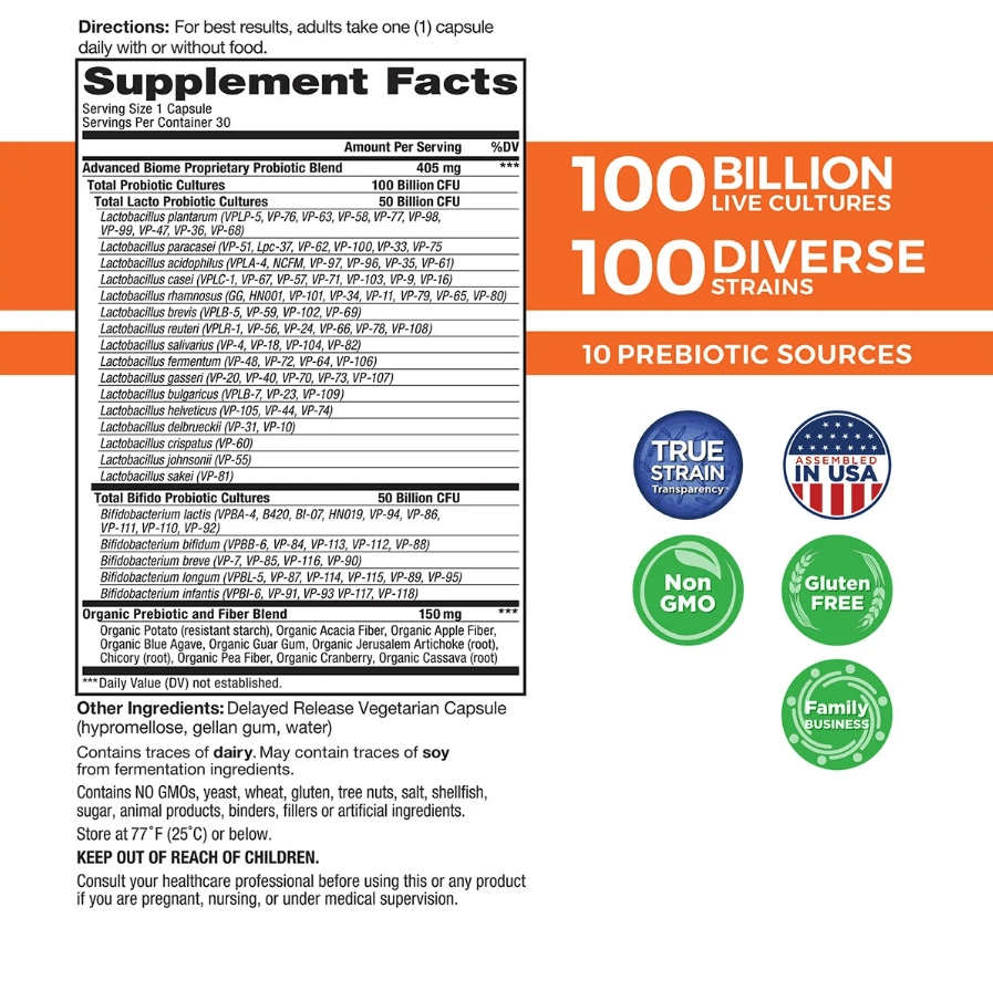Full Supplement Facts panel for Vital Flora probiotic, listing 100 billion CFU across 100 diverse Lactobacillus and Bifidobacterium strains plus prebiotic sources