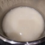 Close-up of a first batch of homemade L. reuteri yogurt set in a metal pot