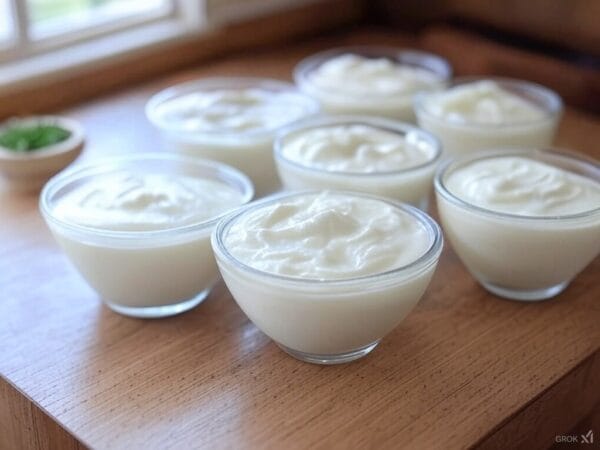 Several glass bowls of thick, creamy homemade yogurt on a wooden table